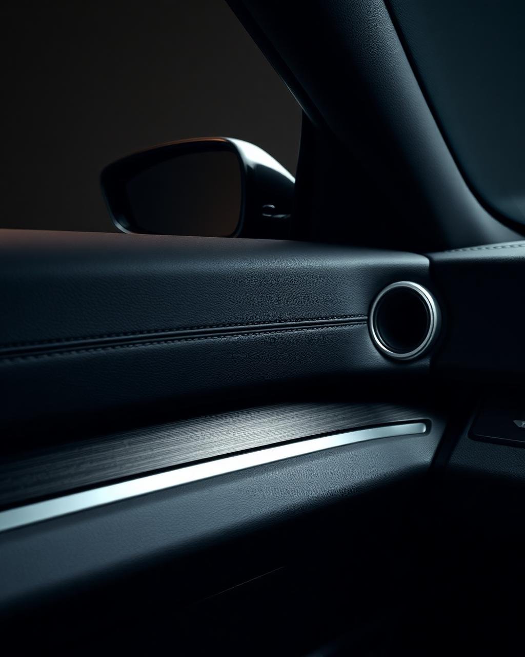 Revestimento automotivo em painel e porta com acabamento em couro